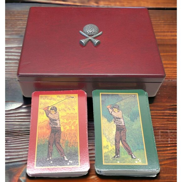 Golf Playing Cards in Wood Box 2 Decks Vintage Office Desk Display - Picture 1 of 12